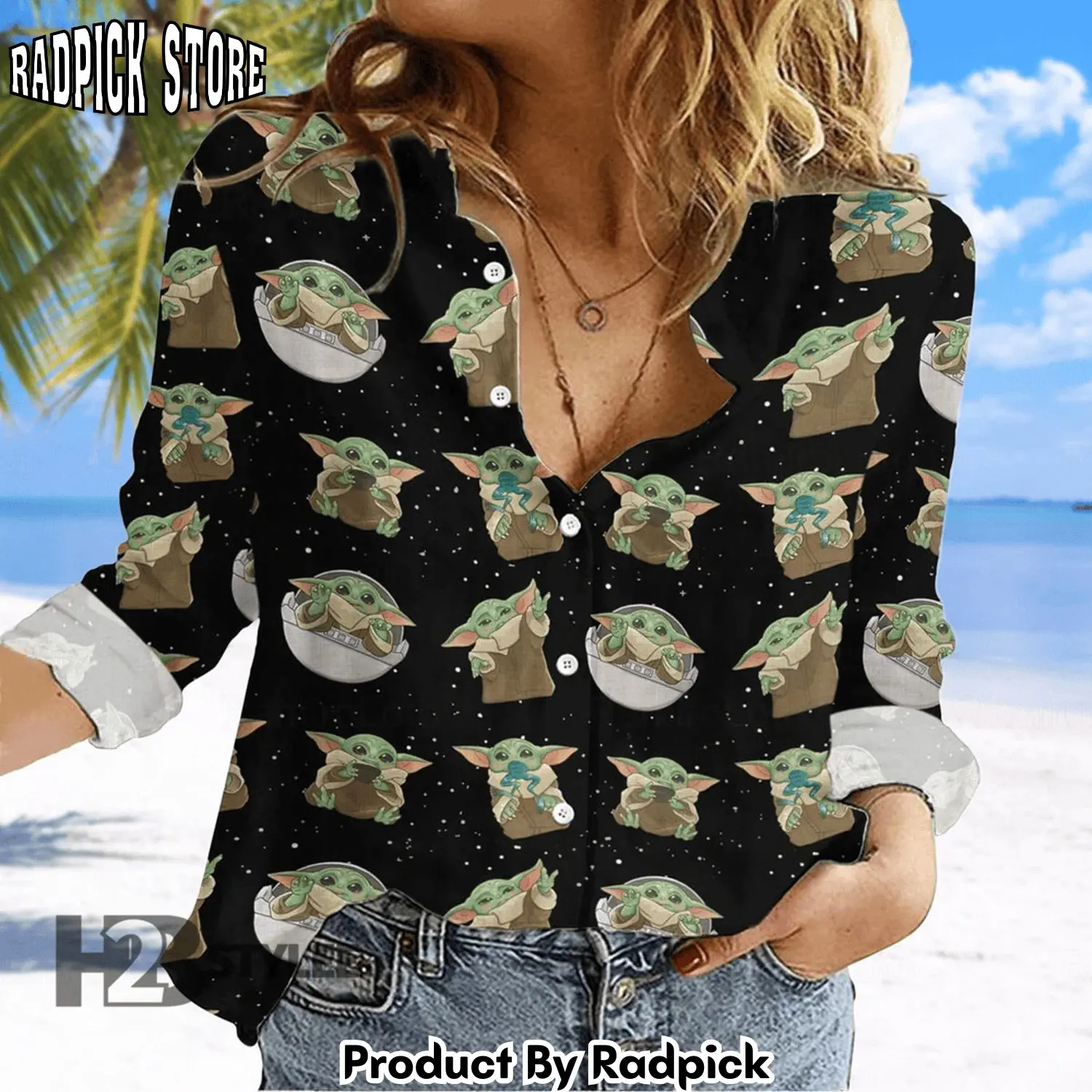 Radpick summer aloha star wars movie tropical baby yoda darth vader mandalorian pattern linen casual shirt rp662113